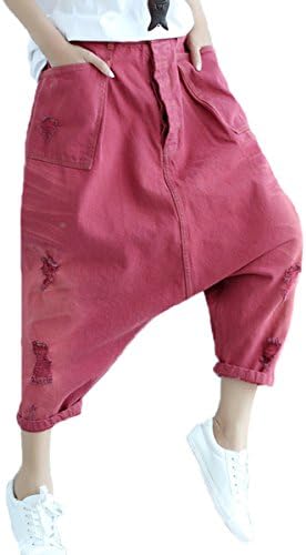 Modishou Women's Casual Drop Crotch Ripped Hole Jeans Pants Red
