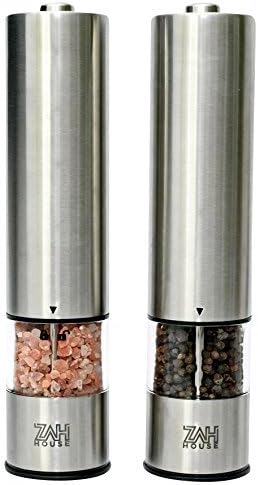 Salt and Pepper Grinders - Set of 2 - Battery Operated - Electric Stainless Steel Mills with Light - Acrylic Chamber - Adjustable Coarseness - Perfect for Grinding Salt, Pepper, Spices, Herbs & More