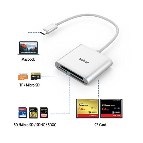 USB C to CF Card reader，Belker 3 in 1 Type-C to SD/TF Micro SD/CF Card Reader for MacBook(Pro), Chromebook Pixel and Any USB-C Device with the 5 Gbps data transfer(Sliver)