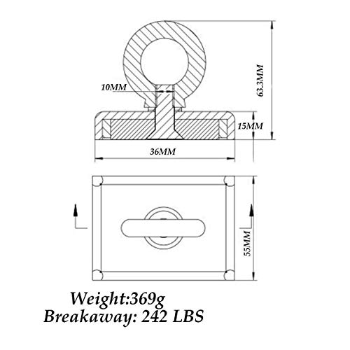 Wukong Square Neodymium Fishing Magnets, Super Strong 242 LBS Pulling Forces Rare Earth Magnets with Eyebolt for Retrieving in River and Magnetic Fishing(L2.95'' X W2.16'' X T0.6'' SNN75)