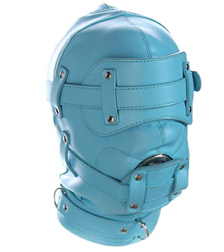 Full Head Harness Mask Fetish Bondage Hood Sexy Slave Headgear With Open Mouth Dildo and Blindfold Couple Sex Restraint Toy (Blue)