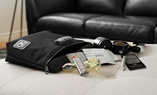 Smell Proof Bag + Grinder Card | Durable Water Resistant Stash Bag with Combination Lock & Inside Pouches for Your Herbs & Smelly Accessories: Pipe, Vape, Rolling Papers - 11x7.5x2.5