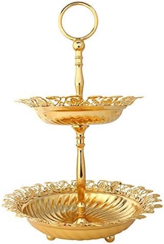2 Tier Plates Compote Centerpiece Decorative Serving Platter Cupcake Stand Gold Sturdy Rhinestone Decorations Display Fruit Dessert for Birthday Wedding Tea Party Bridal Shower - Round Lace Edge