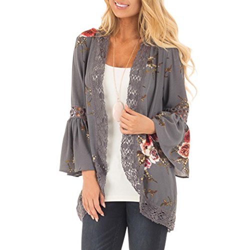Women's Cardigan,Toponly Autumn Women Lace Floral Open Cape Casual Loose Blouse kimono Cardigan (Gray, XL)