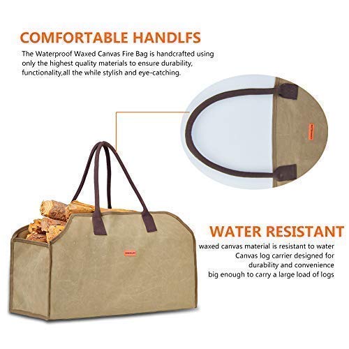 Waxed Canvas Firewood Log Carrier Horse Feeding Tote Wood Carrying Bag Woodpile Fireplace/Camp/Stove/Cabin Durable Heavy Duty Handle - Washed/Resistance soiling Outdoor Indoor(Large Wood Bag) - Thumbnail 7