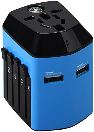 Worldwide Travel Adapter,Wahom International Travel Plugs Wall Charger with Dual USB Charging Ports and Compass for Over 150 Countries (EU/US/UK/AUS) (Blue)