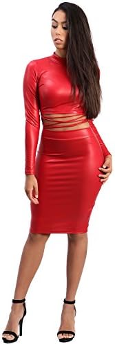 Women Long Sleeve Mock Neck PU Leather Skirt Set With String Accent (LARGE, RED-A7986)