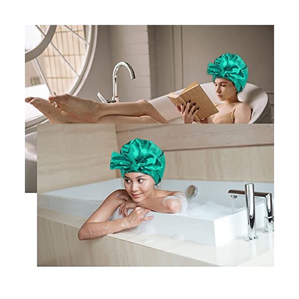 Double-Layer-Large-Shower-Caps-Bowknot-Bath-Hair-Cap-Reusable-Waterproof-Ribbon-Turban-Sleep-Cap-Adjustable-Bath-Cap-with-Elastic-Band-for-Women-Girls-Spa-Beauty-Hair-Care-Home-Travel-Use-Dark-Green Double Layer Large Shower Caps Bowknot Bath Hair Cap Reusable Waterproof Ribbon Turban Sleep Cap Adjustable Bath Cap…