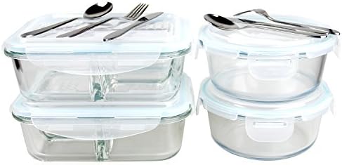 [4-Pack] Glass Food Storage Containers Set - Borosilicate Glass Containers with Snap Locking Lids - Glass Meal Prep Containers 3 Compartment - Bento Box Glass Food Containers