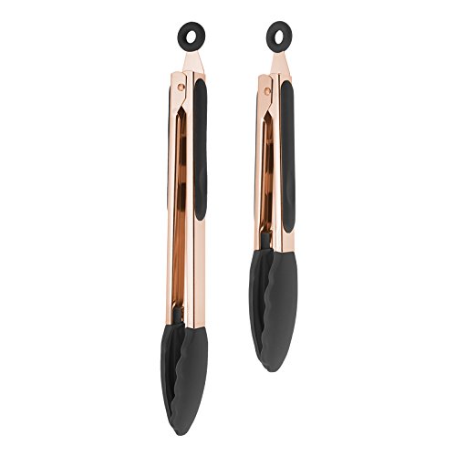 COOK With COLOR Stylish Stainless Steel Rose Gold And Black Kitchen Food Tongs Set Of Two 9” And 12” With Silicone Tips And Handles For Non Stick Cookware