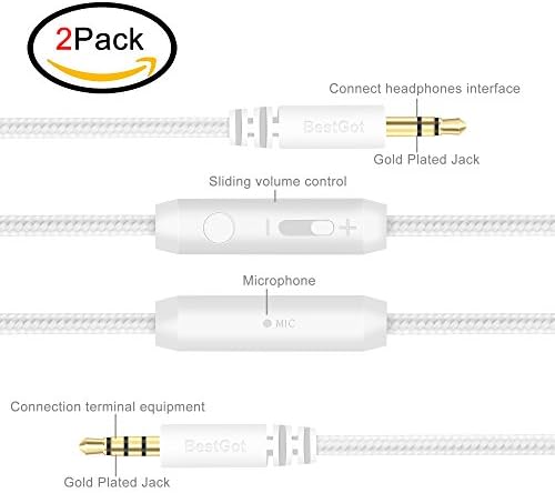 BESTGOT Headphone Cable 3.5mm Audio Cord with Microphone in-line Volume (4.3ft / 1.3m) for PS4 Controller, Headphones, Home/Car Stereos and More(2-Pack White)