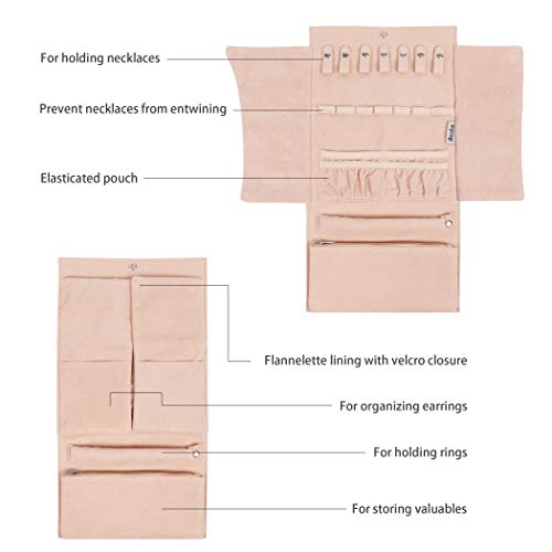 Becko Jewelry Organizer Roll Travel Jewel Bag case for Multiple Necklaces, Rings, Bracelets, Supple Leather & Suede, Large Capacity Without Crease, Lightweight, Portable & Practical (Pink)