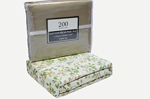 Reversable Set (Two) Twin XL Solid and Printed Cotton Rich Percale 5 Piece Sheet AND Duvet Set (Tan/Forest) PERFECT for College Dorms!