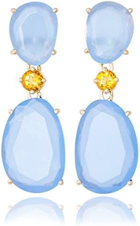 Solid Gold Drop Earrings of Sky Blue Chalcedony with a Brilliant Cut Citrine Gem set in 14K Yellow Gold