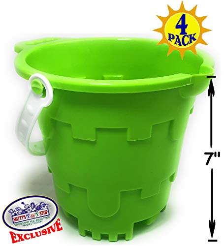 Matty's Toy Stop Beach Gear 7" Plastic Castle Mold Sand Buckets (Pails) with Easy Pour Spout and Handle Blue, Pink, Green & Yellow Party Set Bundle - 4 Pack - Thumbnail 4