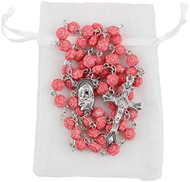 Bundle: 7mm Red Rose Shaped Bead Rosary with Organza Storage Bag