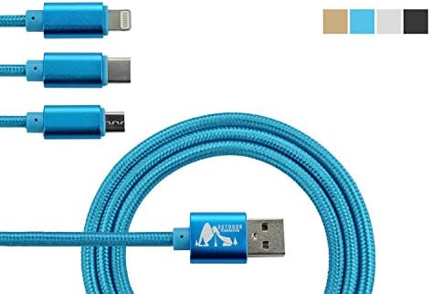 Outdoor Paradise Hi Speed 3-in-1 Cable | Type C/Lightning/Micro USB | Charges iPhone X 8/8S 7/7S to 5/5S | Samsung Galaxy S8/S8+ to S5/S5+ | GoPro | Nintendo Switch | Charge 3 at Once | Blue