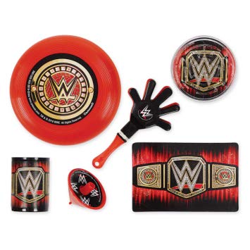 WWE Wrestling Birthday Party Favors and Goodie Bag Fillers Pack For 16 Guests With WWE Flying Discs, Hand Clappers, ID Cards, Maze Puzzles, Prisms, Spinning Tops, Goody Bags, and Pin