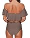 Memory baby Women Two Piece Off Shoulder Ruffled Flounce Crop Bikini Top with Print Cut Out Bottoms (M, Cappuccino Gray)
