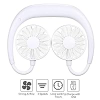 Hands-Free Neckband Fan, Seasky Portable USB Rechargeable Battery Handheld Fan - 3 Wind Level Adjustable - Mini LED - for Travel Outdoor Office Home Sports (White)