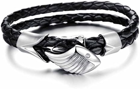 Janestore Double Black Leather Braided Cord Strap Stainless Steel Angel's Wing Bracelet