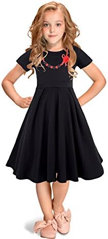 HBBMagic Vintage Girls Cotton Dresses with Necklace 1950s Short Sleeve Round Neck Polka Dot Print Skating Dress for Party