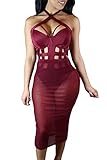 Pink Queen® Women's Bandage Bodysuit Mesh Midi Skirts Set Halter Sheer Dress
