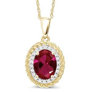 Gem Stone King 14K Yellow Gold Red Created Ruby and White Diamond Pendant Necklace For Women (1.30 Cttw, Oval 8X6MM…