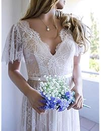 Fashionbride ED73 - Vestidos de novia bohemios de manga corta con cuello en V y encaje, para la playa, bodas