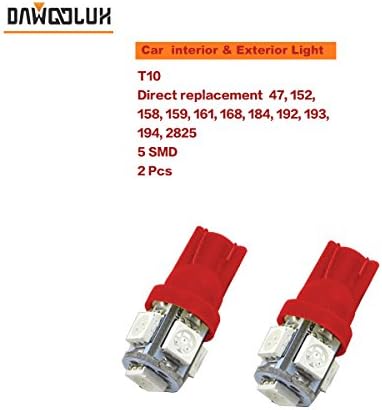 DawooLux Super Bright T10 194 W5W 5-SMD 5050 LED Bulbs with 360° view angle for Car Interior Lights Gauge Instrument Panel Dome Map Side Marker Door Courtesy License Plate, 1 year Warranty(2, Red)