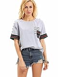 ROMWE Women's Fashion Tee Short Sleeve Stripe Back Patch Pocket casual T-shirt Grey L