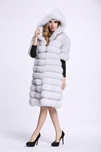 Alan13Women's Long Coat White Fox Fur Overcoat with Hat Warm Outerwear(US 16)