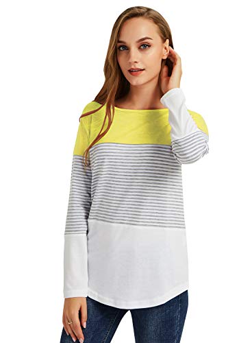 Gititlys Women Crew Neck Long Sleeve Striped Loose T-Shirt（S-2XL） (L, Yellow)