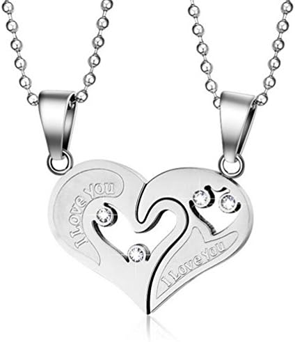 LEFINIS 2pcs 316L Stainless Steel I Love You Silver Tone BF GF Heart Pendant Couple Necklaces