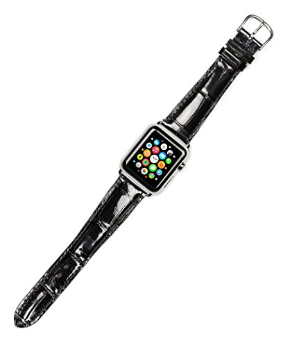 Debeer Replacement Watch Strap - Genuine Alligator - Shiny Finish - Black - Fits 38mm Apple Watch [Silver Adapters]