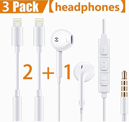 [ 2 Pack + 1 Pack headphones ] Headphone Adapter to 3.5mm earbuds Jack Adapter – Lightning Connecter to 3.5mm Audio Jack Earphone Extender Jack Stereo for iPhone 7 / 7 Plus - Not Support IOS 10.3