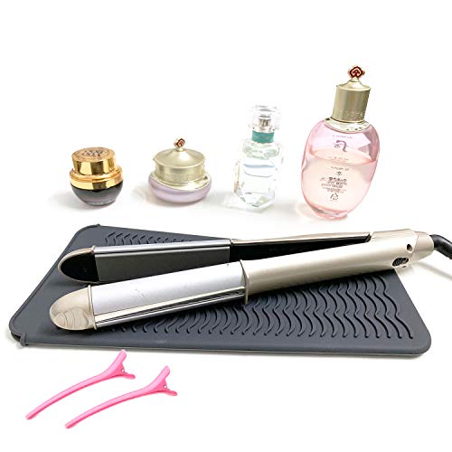 Heat Resistant Silicone Mat Pouch and Hair Clips, Lessmon Hair Styling Tools for Curling Irons, Hair Straightener, Flat Irons, Height 11.5 & Width 6 Inches, Food Grade Silicone, Gray+Pink