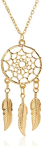 Gold Women's Dangling Feather Charms Filigree Tribal Dreamcatcher Pendant Chain Necklace