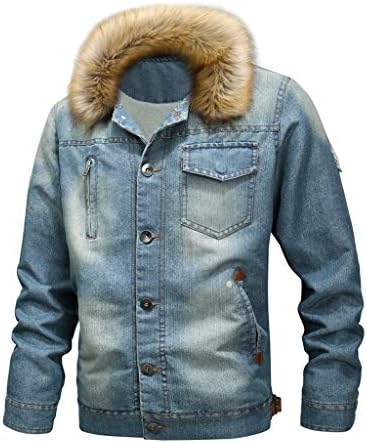 Mens Denim Jacket Vintage Faux Fur Collar Button Tops Coat with Pockets Autumn Winter Long Sleeve Distressed Jeans Outwear S-5XL