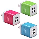 USB Wall Charger, BEST4ONE 2.1A/5V 10.5W Dual Port USB Charger AC Adapter Plug for iPhone X/8/7/6 Plus SE/5S/4S, iPad, Kindle, Moto G X, Huawei, Cell Phone (3-Pack) (Blue,Pink,Green)