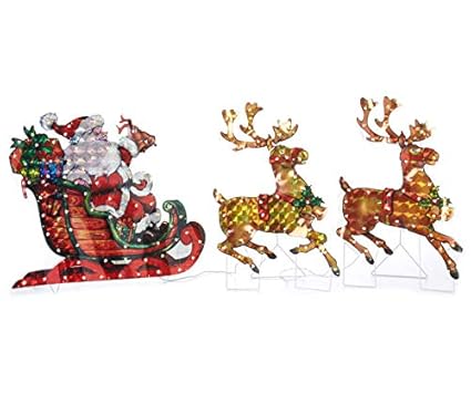 North Pole Christmas 5ft Long 26 High Lighted Holographic Santa Sleigh Reindeer Yard Decoration 150 Lights