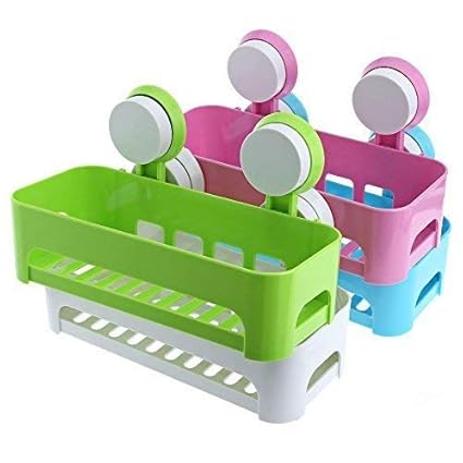 FastUnbox 2 Pieces Plastic Vacuum Suction Bathroom Cup Bathroom Kitchen No Drill Storage Rack Removable Reusable Storage Rack Holder Organizer Basket Shower Shelf (Multi Color)