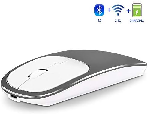 Rechargeable 2.4GHz and Bluetooth Wireless Mouse Metal Noiseless Silent Click Dual mode Bluetooth Optical Mouse with USB Receiver, Compatible with Notebook, PC, Laptop, Computer, MacBook (Gray)