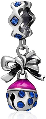 Choruslove Christmas Small Bell Charm with Enamel 925 Sterling Silver Austrian Crystal Dangle Bead for European Holiday Bracelet Gift (Sapphire Crystal)