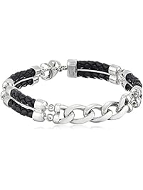 Men's Italian Sterling Silver Double Row Braided Leather and Chain Link Bracelet, 8" + 1" Extender