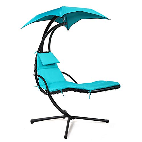 LAZYMOON Hanging Lounger Chaise Porch Swing Hammock Chair Arc Stand Cushion Sun Canopy Blue