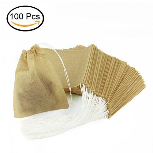 100 Pcs Tea Filter Bags, Disposable Empty Tea Infuser Bag with Drawstring Safe & Natural Material for Loose Leaf Tea and Coffee 2.36 x 3.15 inch - Give 2Pcs Tea bag holders (Initial)