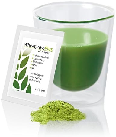Wheatgrass plus; 66 sachets with 100% natural wheat grass powder with Roots, Certified Organic and Raw for Juice and Shots. Great for healthy Smoothies, Detox or Diet. Full of Vitamins and Nutrients.