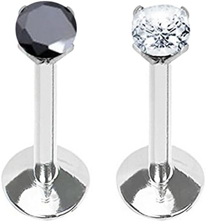 Lots of 2 Pcs 16g 3mm Round Cz Gem Lip Ring Labret Stud Steel Flat Back (Clear and Black)