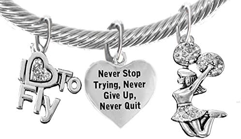 Cheer Never Give Up, Never Quit, I Love To Fly, Jumping Cheerleader, Adjustable, Hypoallergenic Genuine Cable Silvertone Charm Bracelet, Nickel, Lead, And Cadmium Free